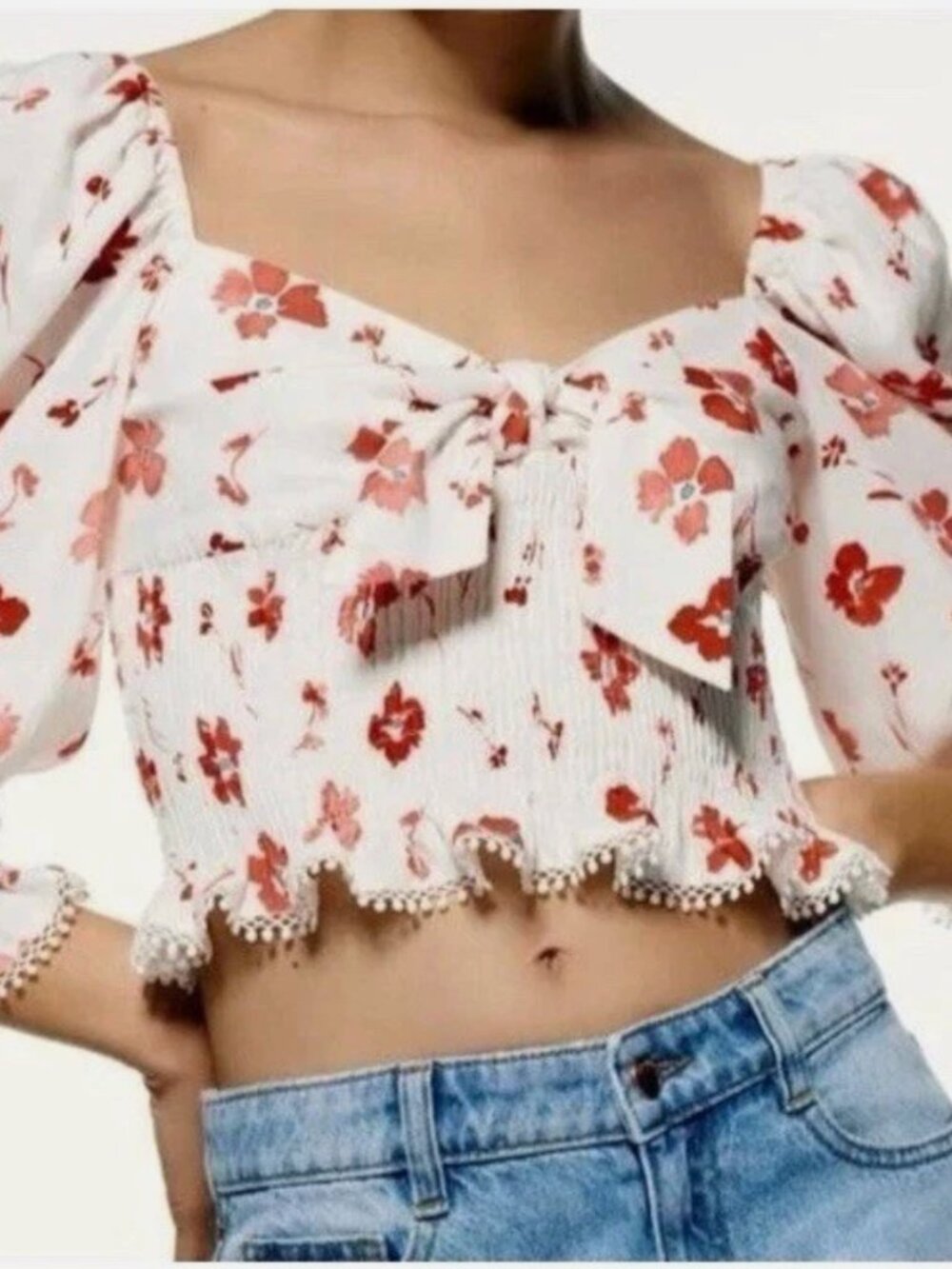 Zara White Floral Smocked Tie-Front Blouse